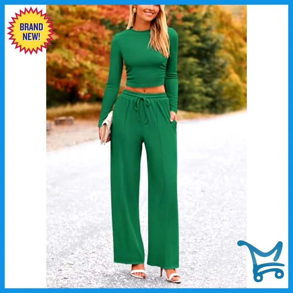 Women's Long Sleeve Crop Top Wide Leg Pants Set Chic Casual Tracksuit